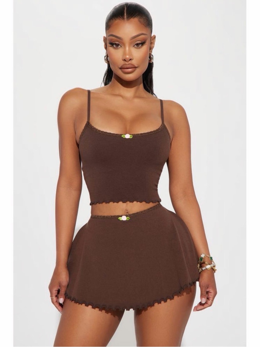 FASHION NOVA PRETTY GIRL SKIRT SET - CHOCOLATE - SIZE: WOMEN M - New
